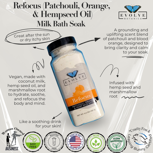 Evolve Botanica Milk Bath Refocus with patchouli, orange, and hempseed oil in a natural, soothing bath setting.