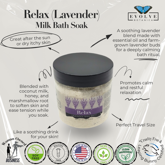 Mini lavender milk bath by Evolve Botanica featuring soothing lavender flowers and creamy milk bath ingredients.