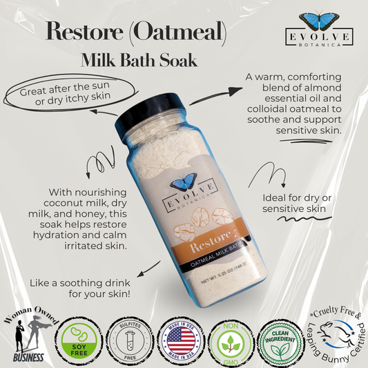 Evolve Botanica Milk Bath Restore with oatmeal in a glass jar, showing the product label and creamy bath soak inside.