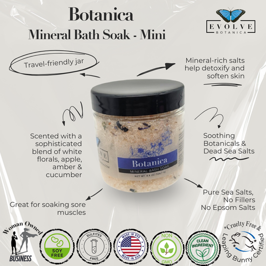 Mini Evolve Botanica Mineral Soak bath salt in a clear container with natural mineral and botanical ingredients, ideal for relaxing baths.