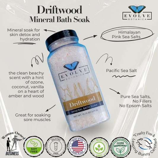 Evolve Botanica Mineral Soak Driftwood bath salt in a glass jar, featuring natural mineral crystals and driftwood scent for relaxing baths.