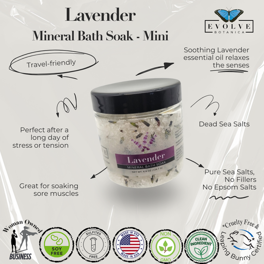 Mini lavender bath salt from Evolve Botanica's Mineral Soak Lavender Spa collection, showing a jar of soothing bath salts.