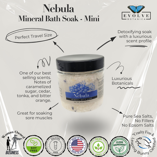 Mini Evolve Botanica Mineral Soak Nebula bath salt jar with colorful label and open lid, showcasing mineral bath salt inside.