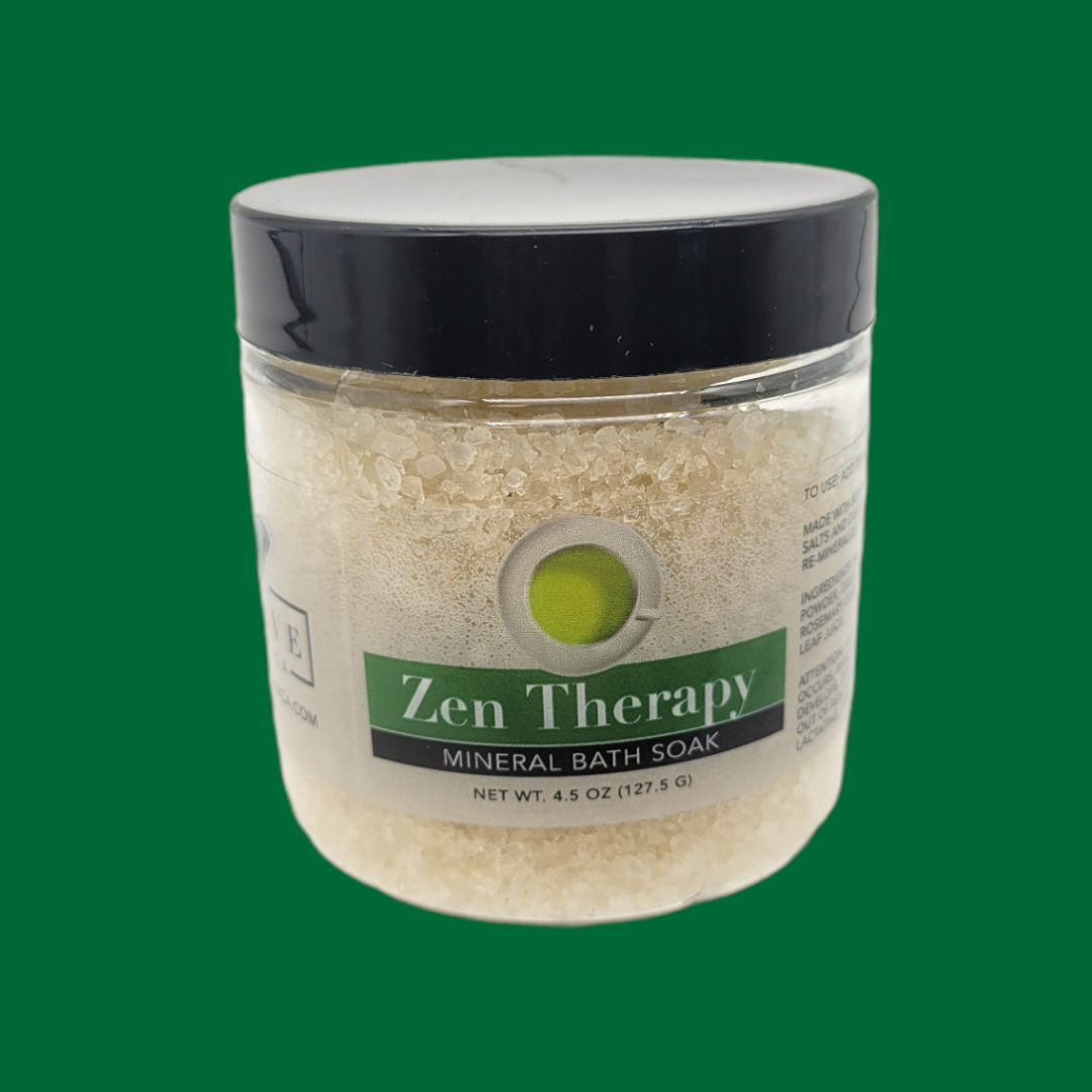 Mini bottle of Evolve Botanica Mineral Soak Zen bath salt with calming minerals for relaxing bath experiences.