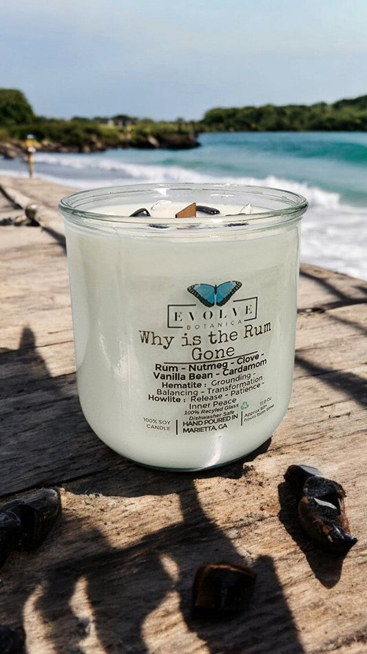 Rocks Candle - Why Is The Rum Gone? (Wood Wick, Hematite (Grounding, Balancing, Transformation), Howlite (Release, Patience, Inner Peace) - Blessings Grow Meadows