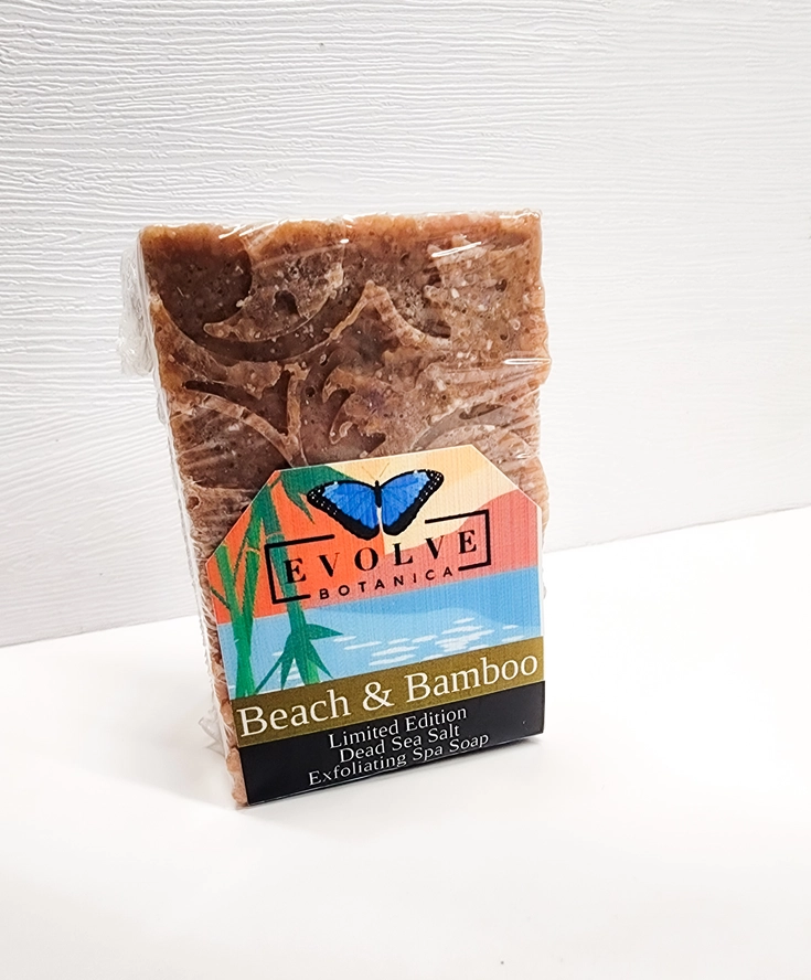 Evolve Botanica Beach & Bamboo Specialty Salt Bar soap with natural ingredients and limited edition packaging.