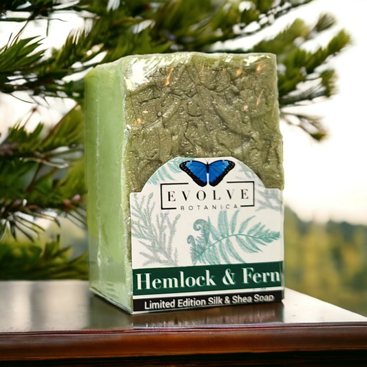 Evolve Botanica specialty soap with hemlock and fern scent, featuring a seasonal spring design for Father's Day.