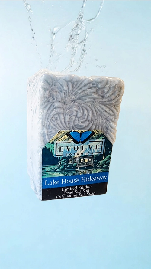 Evolve Botanica Lake House Hideaway limited edition salt bar soap with natural ingredients and calming ocean-inspired design.