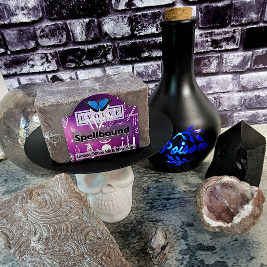 Evolve Botanica Spellbound seasonal Halloween specialty soap with festive packaging and vibrant, spooky design.