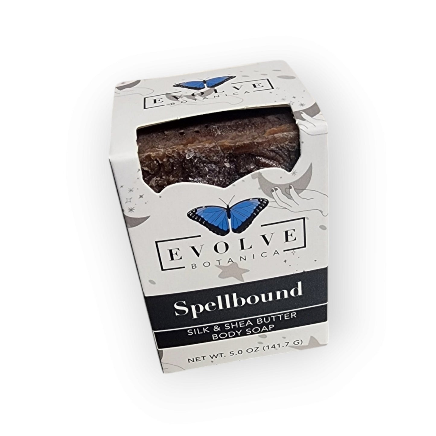Evolve Botanica Spellbound seasonal Halloween soap bar with vibrant orange and black packaging, featuring spooky Halloween design.