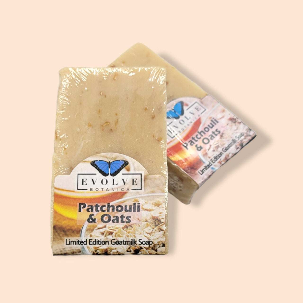 Evolve Botanica Patchouli & Oats Standard Soap bar with natural ingredients and earthy scent, limited edition product.