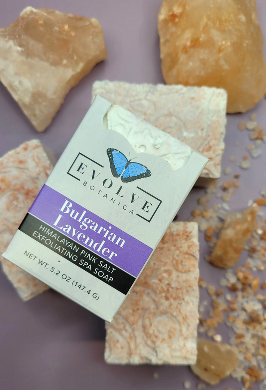 Bulgarian lavender salt bar soap from Evolve Botanica in a clear glassine bag, showcasing its natural, handcrafted appearance.