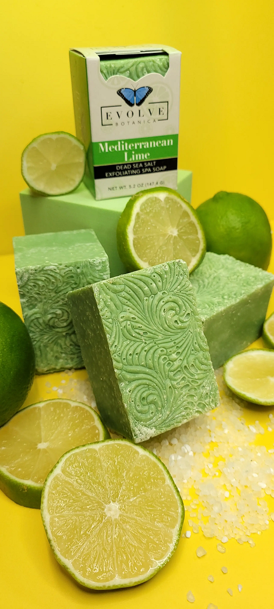 Evolve Botanica Mediterranean Lime Salt Bar specialty soap, unwrapped and packed in a glassine bag for shipping.