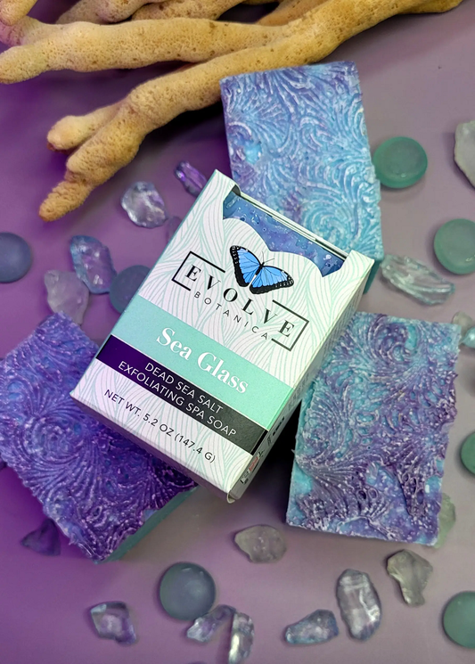 Evolve Botanica Sea Glass Salt Bar specialty soap wrapped in unprinted glassine bag for shipping, showcasing natural sea glass-inspired design.