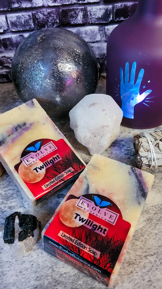 Evolve Botanica Twilight seasonal soap wrapped in unprinted glassine bag, showcasing a natural, handcrafted soap bar.