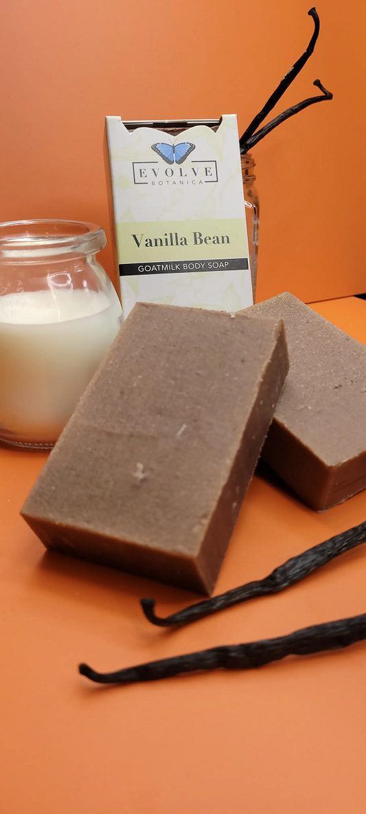 Evolve Botanica vanilla bean goat milk standard soap wrapped in unprinted glassine bag for shipping.