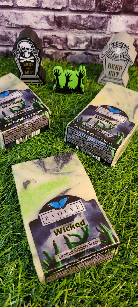 Evolve Botanica Wicked Seasonal Standard Soap wrapped in unprinted glassine bag, showcasing a natural, handcrafted soap for seasonal use.