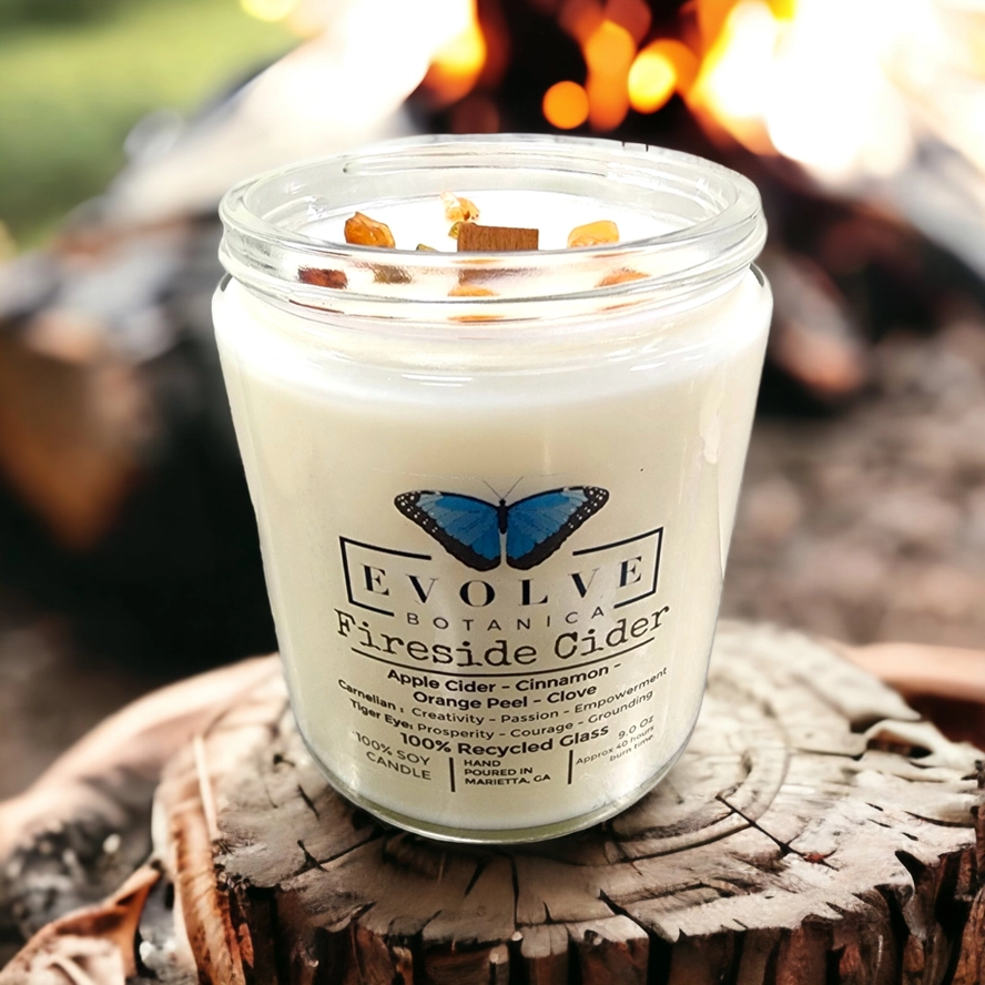 Evolve Botanica Classic 9oz Jam Jar Crystal Soy Candle Fireside Cider with Carnelian and Tigers Eye stones, natural wood wick.