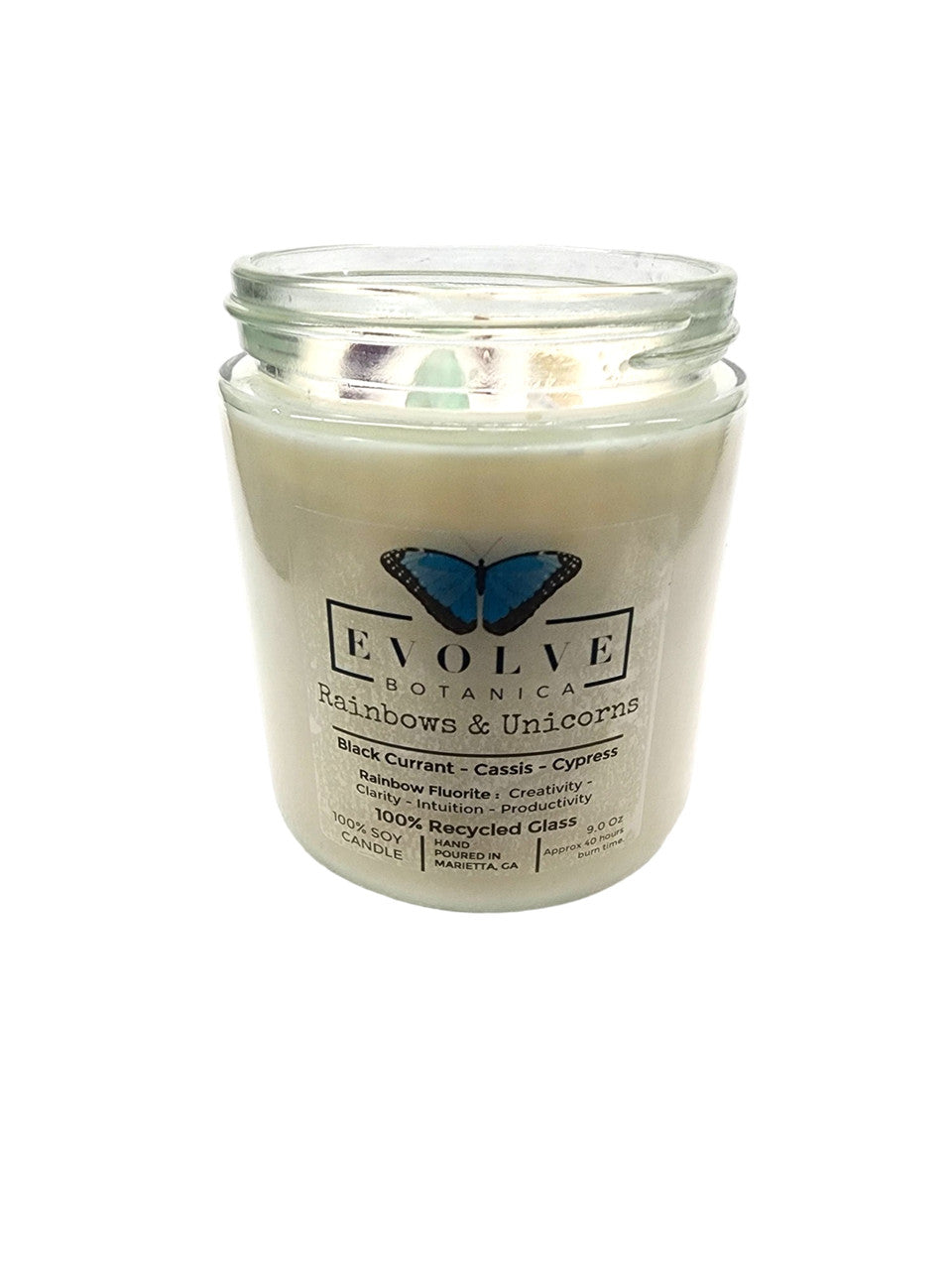 Classic 9oz Jam Jar Crystal Soy Candle by Evolve Botanica featuring Rainbows & Unicorns design with Fluorite crystal.