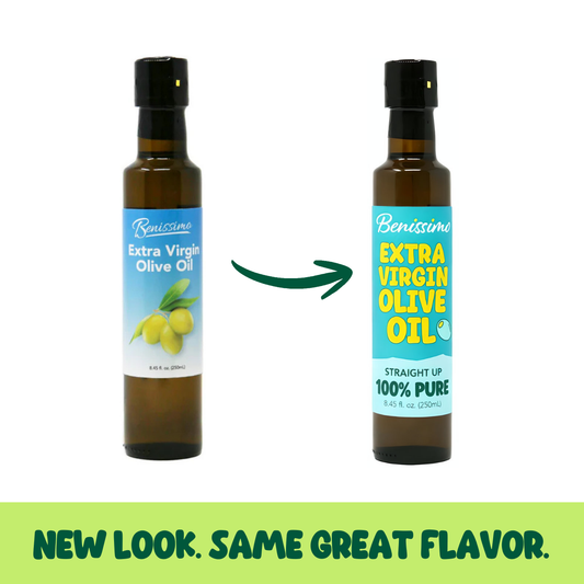 Benissimo Extra Virgin Olive Oil by Hongar Farms in 250mL glass bottle, showcasing rich, golden-green olive oil with a label.