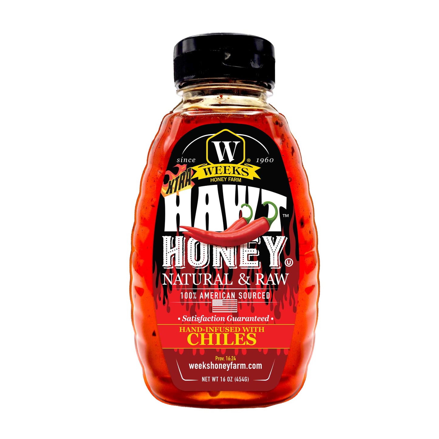 A 16 oz (454g) bottle of Weeks Honey Farm’s Weeks Hawt Honey features a red label with a chili pepper, offering raw, natural honey from the South that’s hand-infused with chiles for bold, spicy flavor.