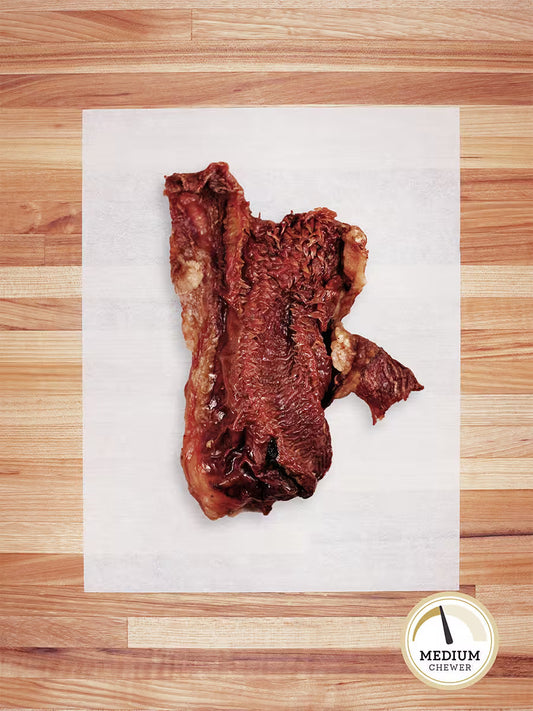 Farm Hounds beef lips chews for dogs, natural dog treats made from beef lips, showing the chewy, textured product.