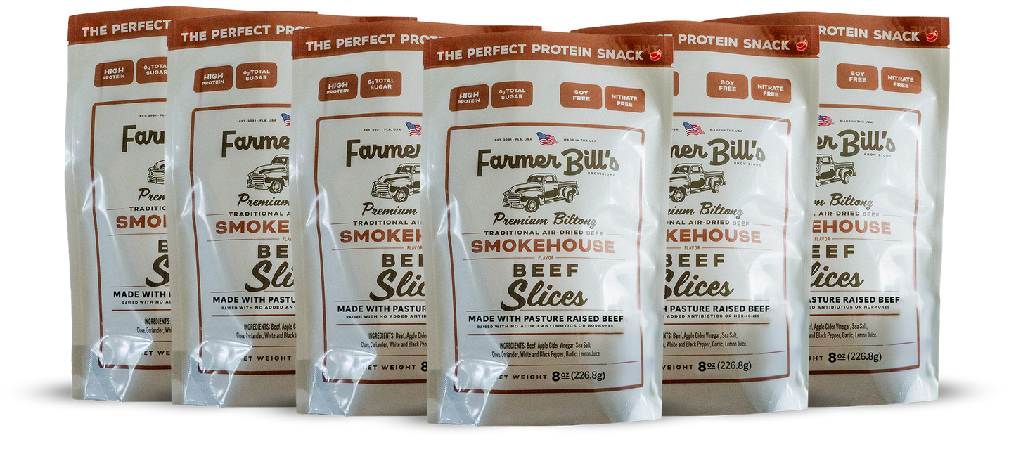 Sliced Smokehouse Beef Biltong bundle from Farmer Bill's Provisions, 1/2 lb of dried, seasoned beef snack.