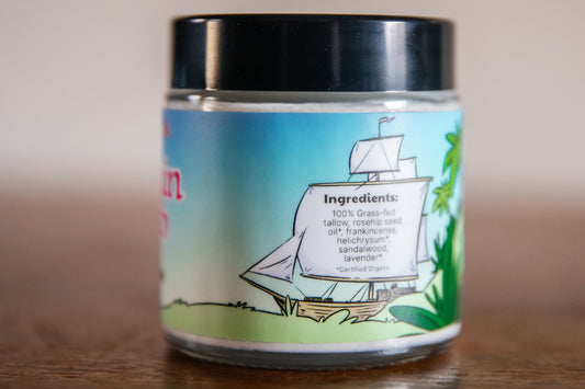 Farmer Bill's Provisions Fountain of Youth Toning Tallow Balm 4 oz in jar, natural skincare product for skin rejuvenation.
