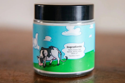 Whipped unscented grass-fed tallow balm from Farmer Bill's Provisions in a 4 oz jar, natural skincare product.