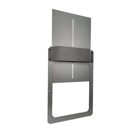 The My Pet Chicken Farmight Automatic Chicken Coop Door, Aluminum, features a wall-mount metal bracket with an adjustable panel and central box to support and conceal devices, providing enhanced predator protection.