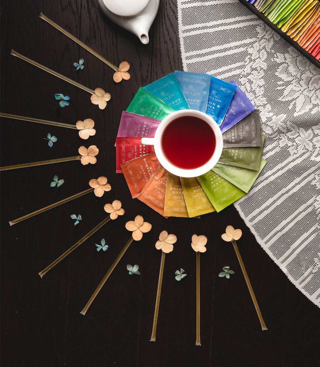 Harney & Sons Fine Teas gift set with assorted teabags and honey sampler, featuring elegant packaging and variety of flavors.