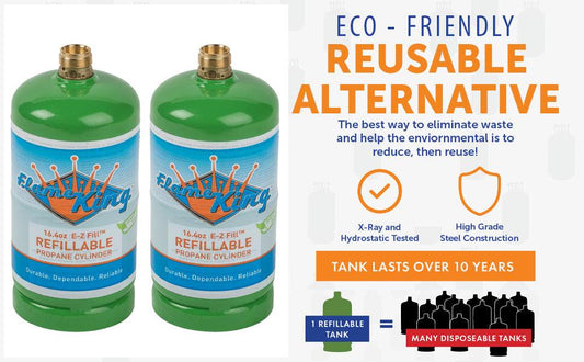 Flame King 2-pack 1lb refillable propane tanks, eco-friendly and sustainable LP cylinders for portable gas use.
