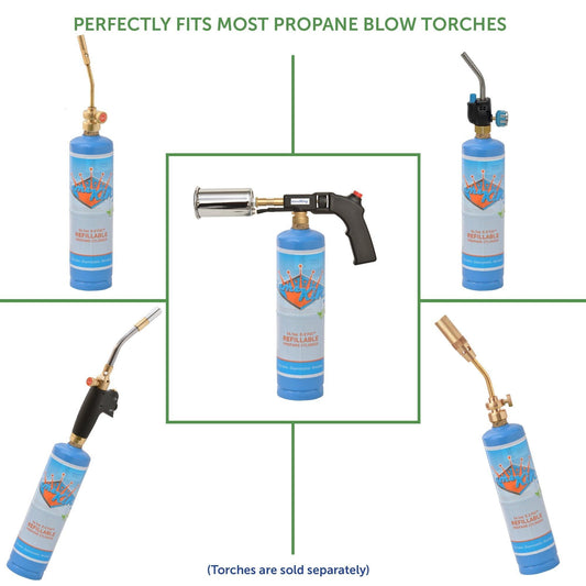 Flame King 2-pack 1lb refillable propane tanks, eco-friendly and sustainable, designed for welding and LP cylinder use.