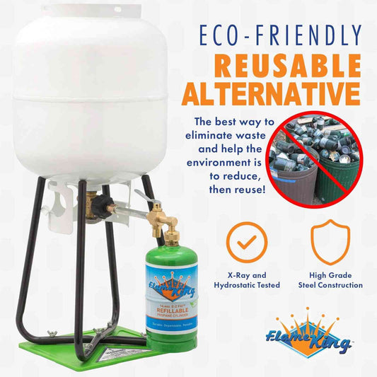 Flame King Eco-Friendly 1lb reusable propane cylinder with refill kit, compact and portable for outdoor grilling or camping.