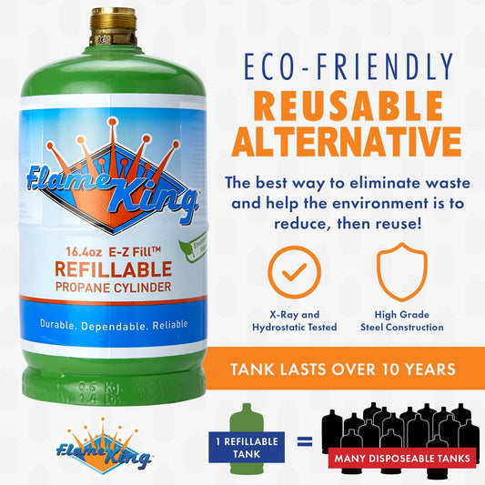 Flame King Eco Friendly 1lb Refillable Propane Tank LP Cylinder, empty and sustainable, for outdoor and camping use.