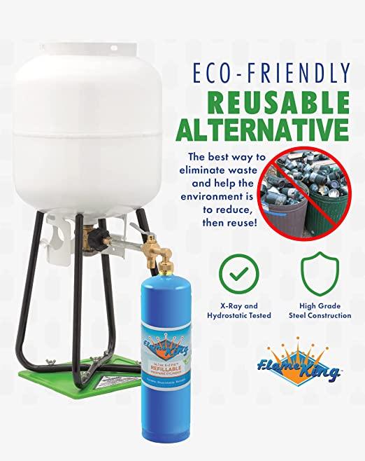 Flame King 1lb refillable propane cylinder with kit, eco-friendly and sustainable, shown with attached components and 14.1 oz capacity