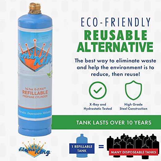 Flame King 1lb refillable propane tank, eco-friendly and sustainable LP cylinder for welding and outdoor grilling.