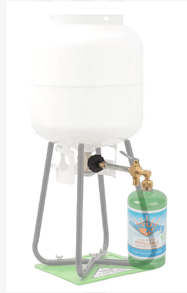 Flame King 1lb refillable propane fitting adapter valve for refillable tank cylinders, metal construction with control valve.
