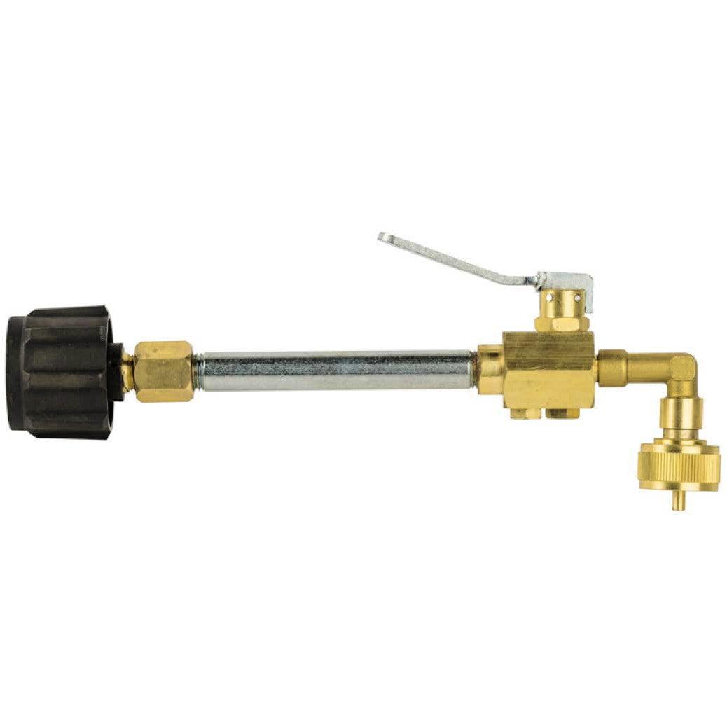 Flame King 1lb refillable propane fitting adapter valve for refillable tank cylinders, shown with metal connector and valve handle.