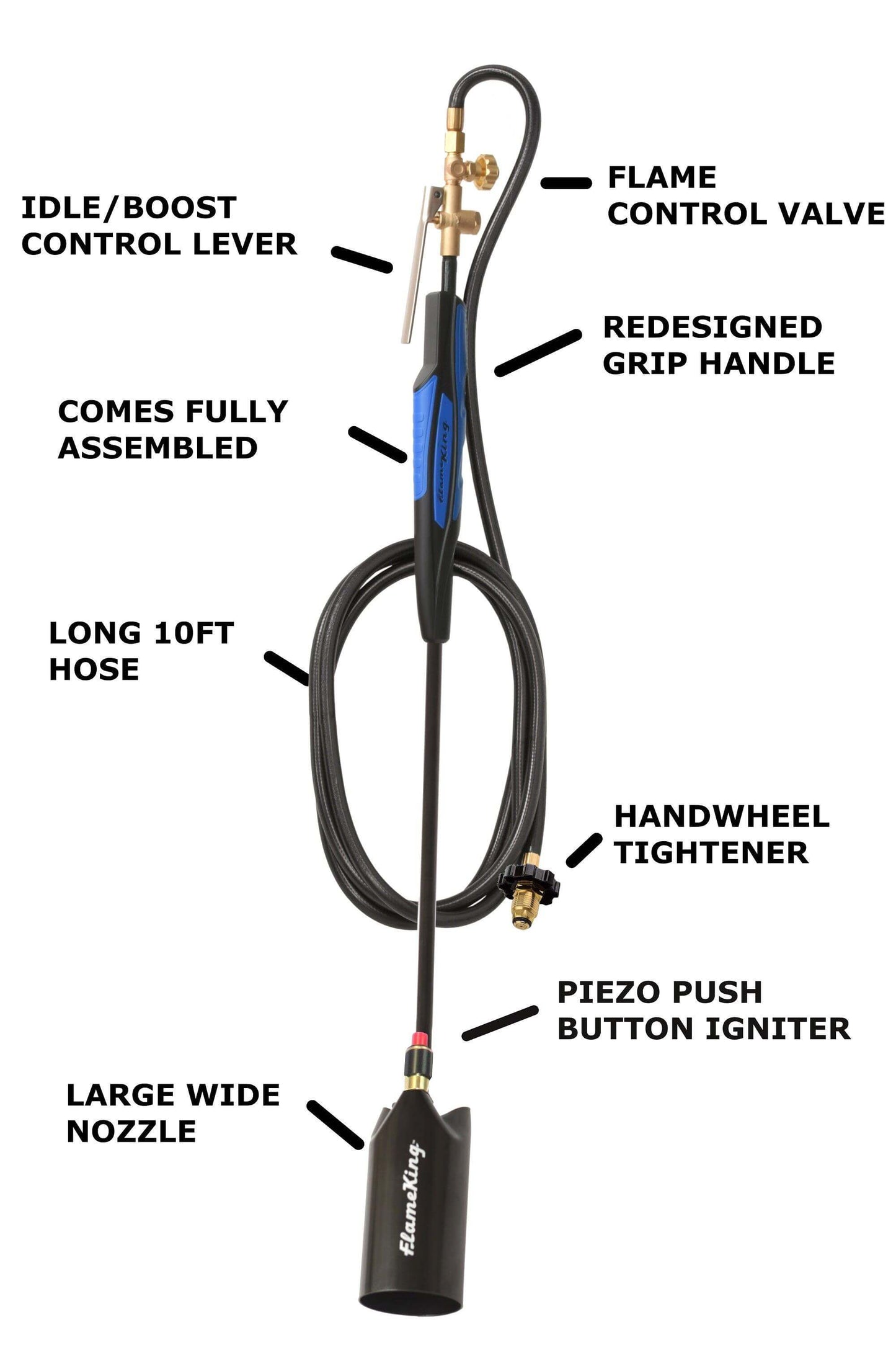 Heavy-duty Flame King propane torch with push button piezo ignitor, 500,000 BTU weed burner and torch for outdoor use