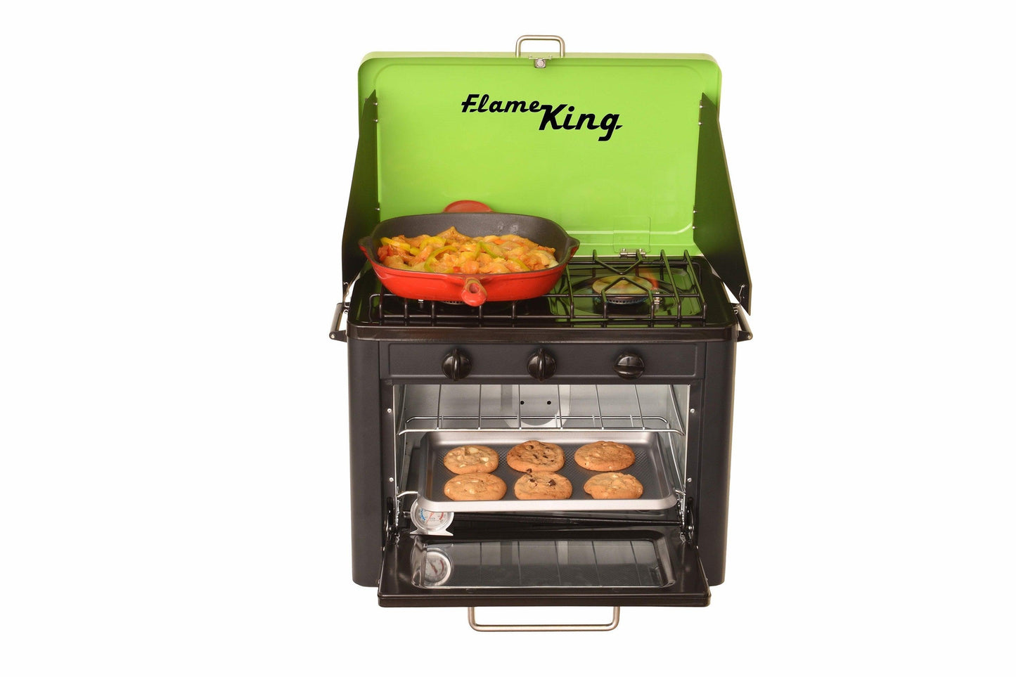 Portable Flame King camping oven and stove combo with compact design, black finish, and sturdy handles for outdoor cooking.