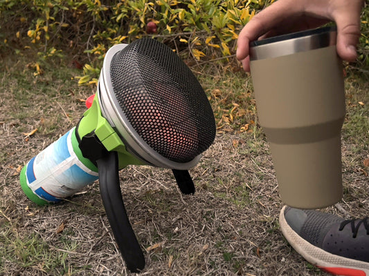 Portable Flame King propane gas outdoor heater with piezo electric start, designed for camping and outdoor heating.