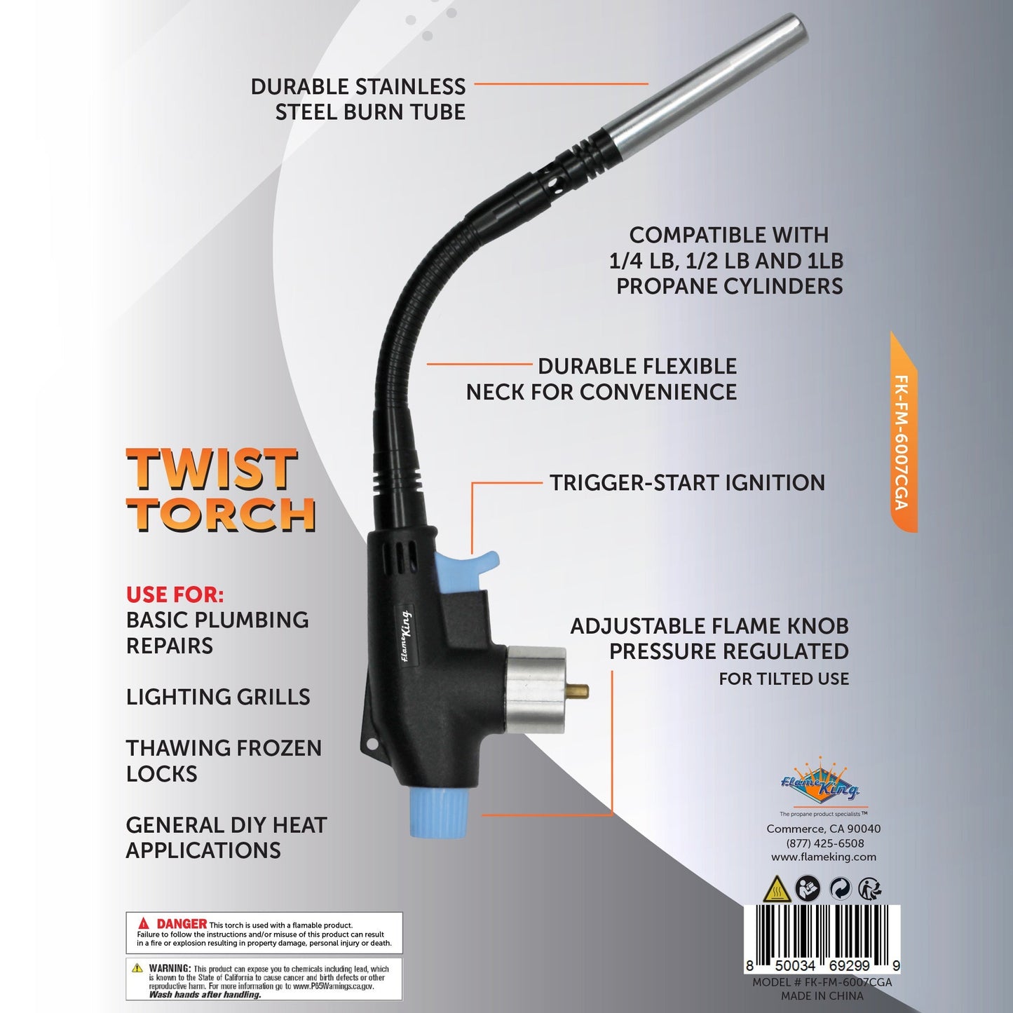 Flame King High Intensity Propane Torch Head with bendable flexible neck for weed burning and outdoor torch applications.