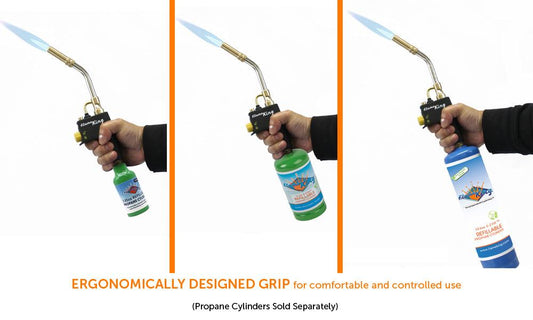 Flame King welding propane torch head with high-intensity swirl flame, used for weed burning and outdoor torching tasks.