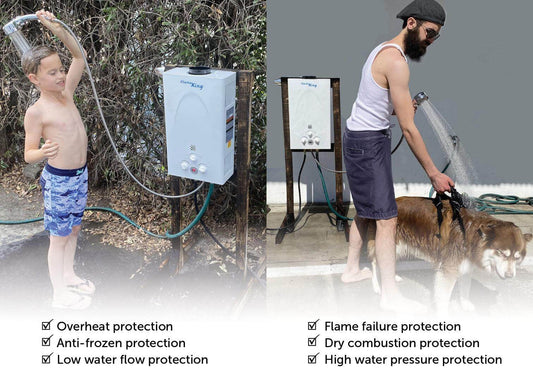 Flame King portable propane tankless water heater for camping, outdoor RV shower with 10L capacity and 68,000 BTU heating power