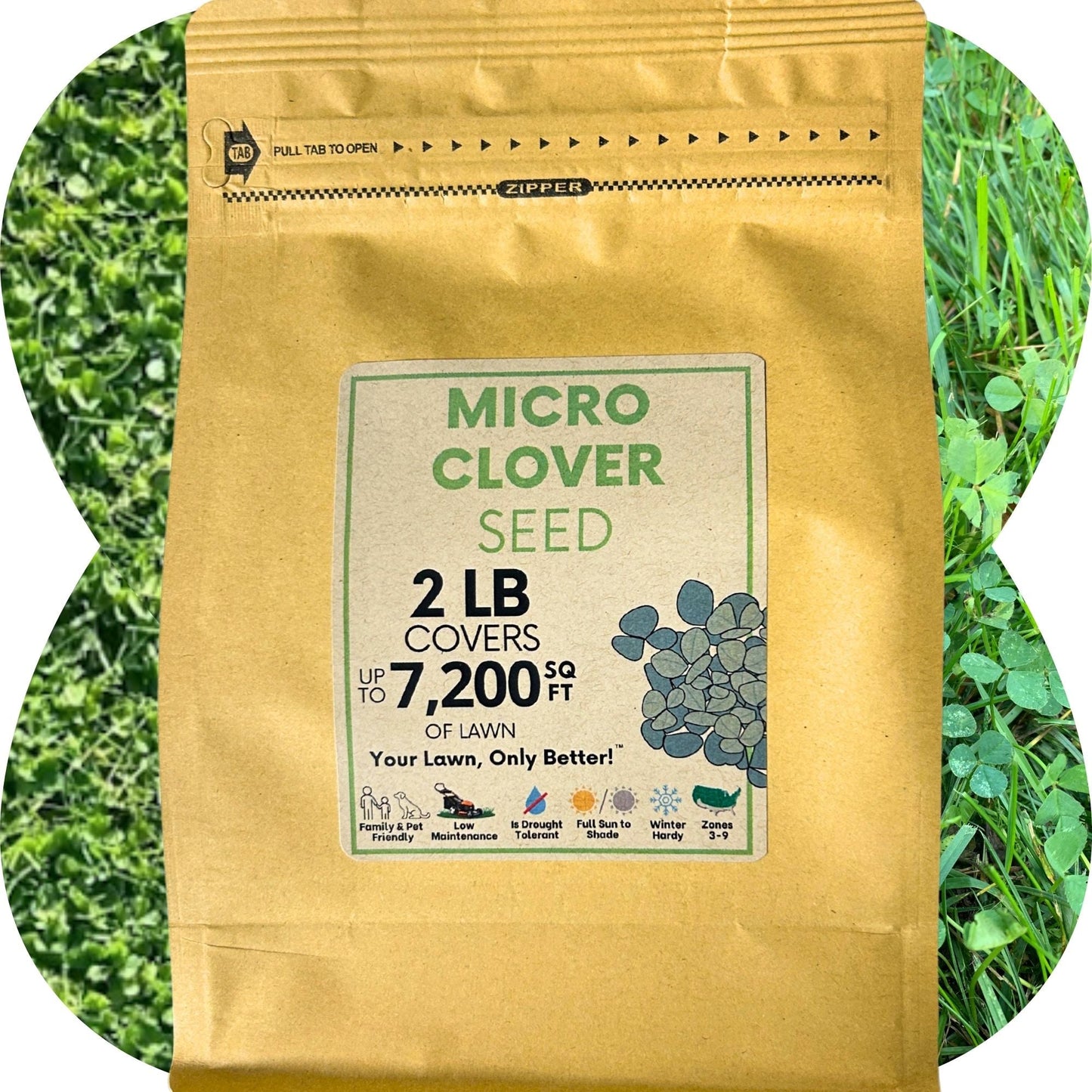 A brown Flawn Seed Kits Micro Clover Seed Pouch, 2 LB, sits on green grass. The packaging highlights coverage up to 7,200 sq ft and benefits like low maintenance, drought tolerance, pollinator friendliness, and natural nitrogen fixing.