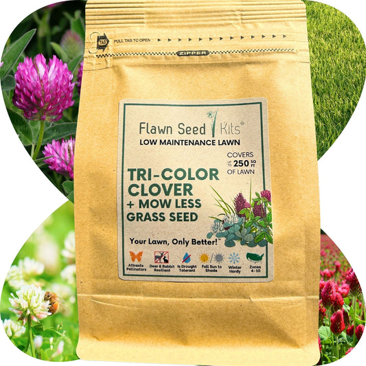 Tri-color clover and Mow Less grass seed tape from Flawn Seed Kits, shown in a pouch for 250 sq ft of lawn coverage.