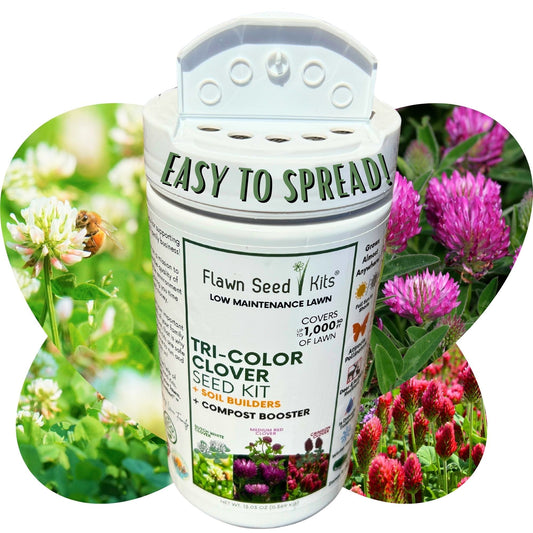 Tri-color clover seed in a Flawn Seed Kits easy spread shaker, designed for planting with seed tape for lawns and gardens.