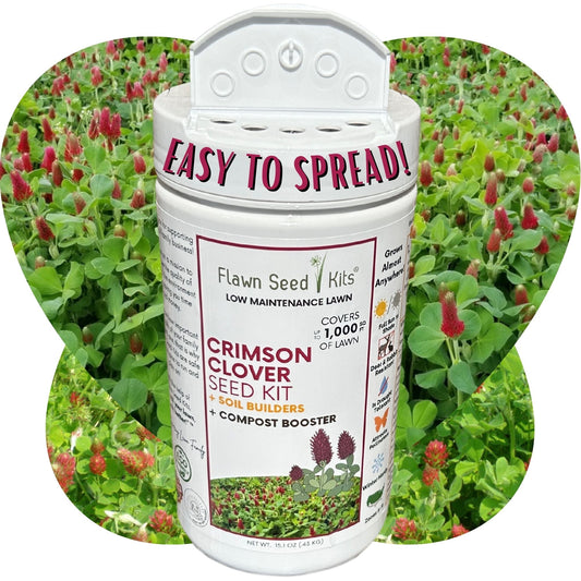 Crimson Clover Easy Spread Shaker seeds and seed tape from Flawn Seed Kits for planting in gardens or fields.