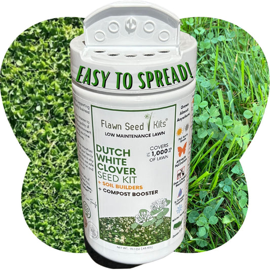 Dutch White Clover seeds in Flawn Seed Kits seed tape, easy spread shaker for lawn and garden coverage.